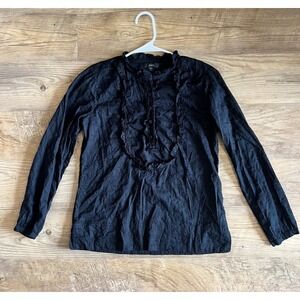 J Crew‎ Black Floral Eyelet Long Sleeve Ruffled Yoked Front Blouse Size XXS
